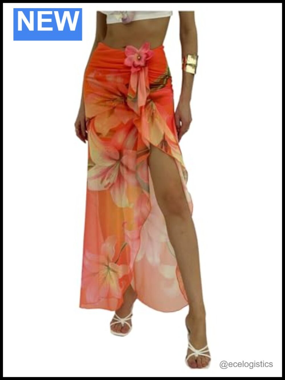 Boho Floral Wrap Maxi Skirt High Slit Ruffle
